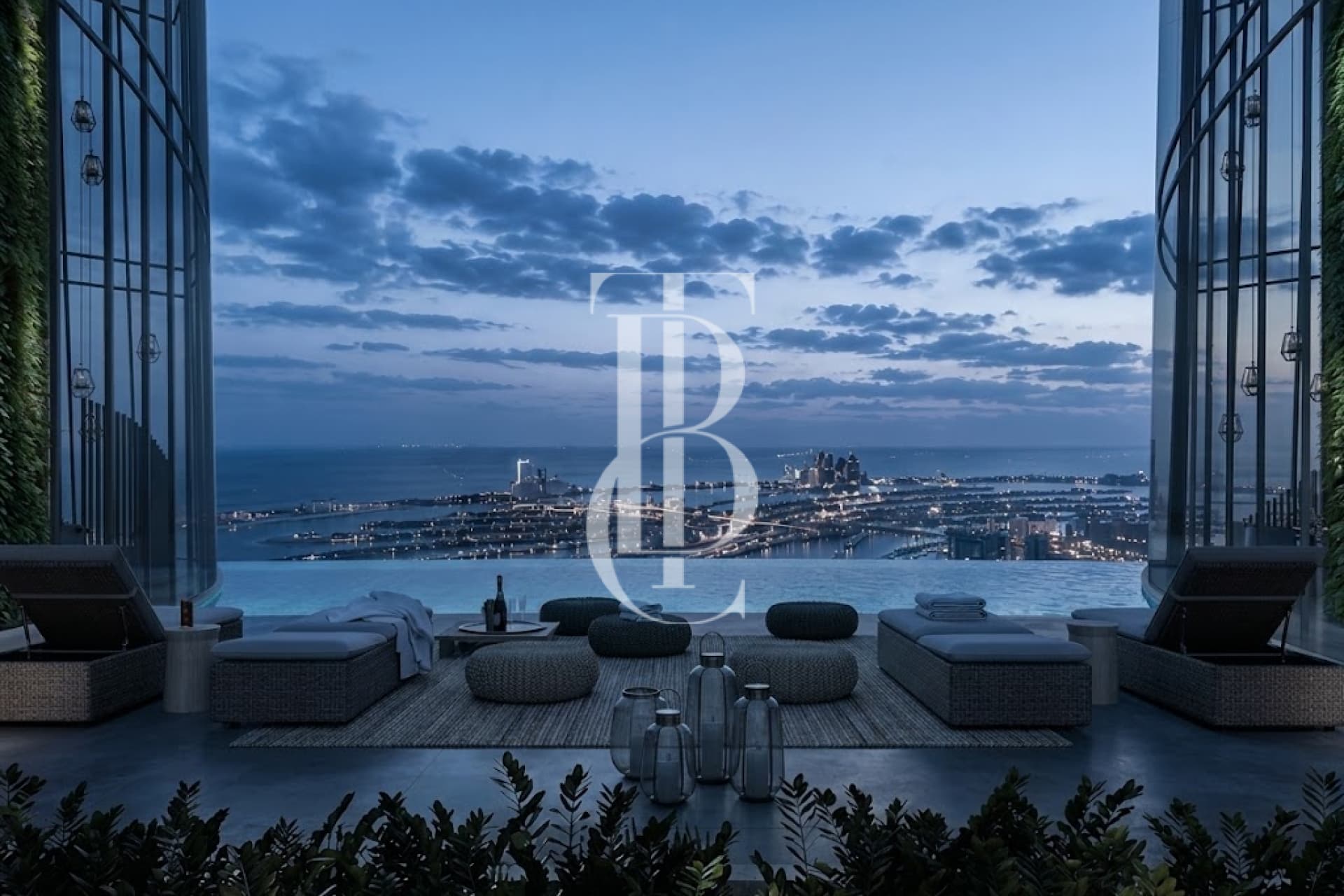 The sky lounge at Ciel Tower at dusk, looking over the Palm Jumeirah